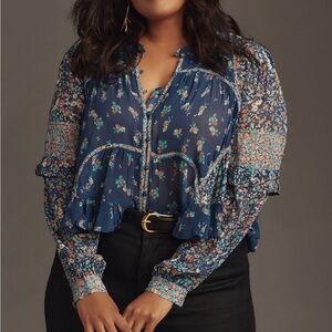 Anthropologie Floral Ruffle long sleeve top
